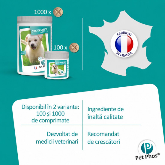 Pet Phos Croissance Junior Ceva – Supliment Vitamino-Mineral pentru Câini în Creștere – 100 Tablete